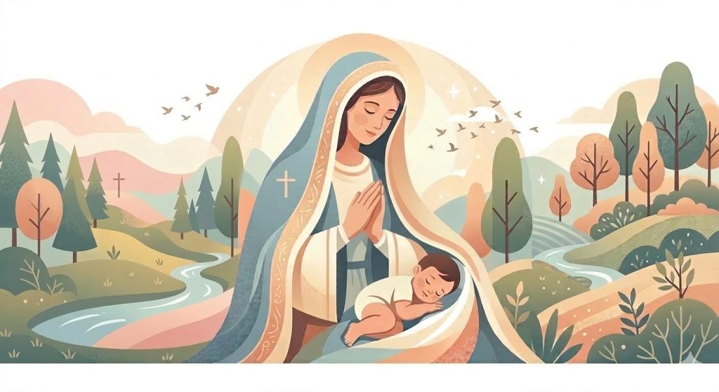 Trust in Maternal Protection - a child sleeping peacefully in the shade of the Virgin Mary's veil
